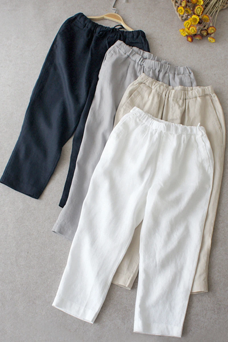Весенне-летние женские повседневные универсальные свободные брюки размера плюс в японском стиле, Короткие льняные брюки с эластичным поясом