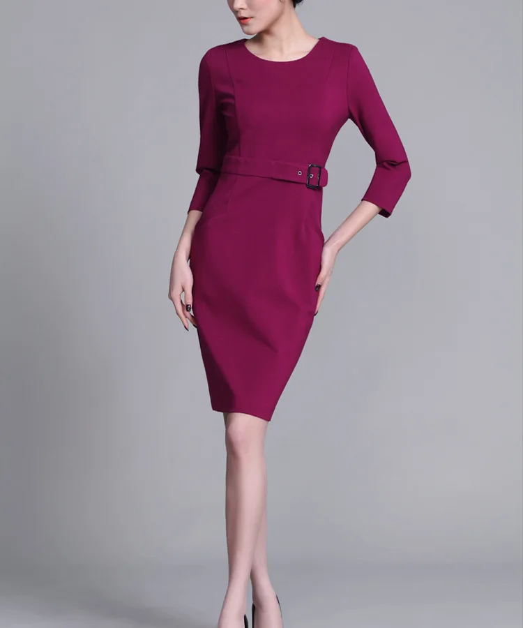 spring autumwomen beautiful classic dress business style midi length