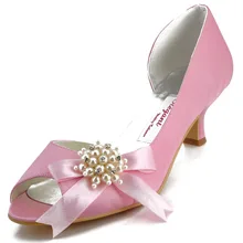 Pink Peep Toe Cone Heel Pretty Women’s Shoes AC416 Ivory Peep Toe Pearls Bow Satin Elegant Wedding Bridal Pumps