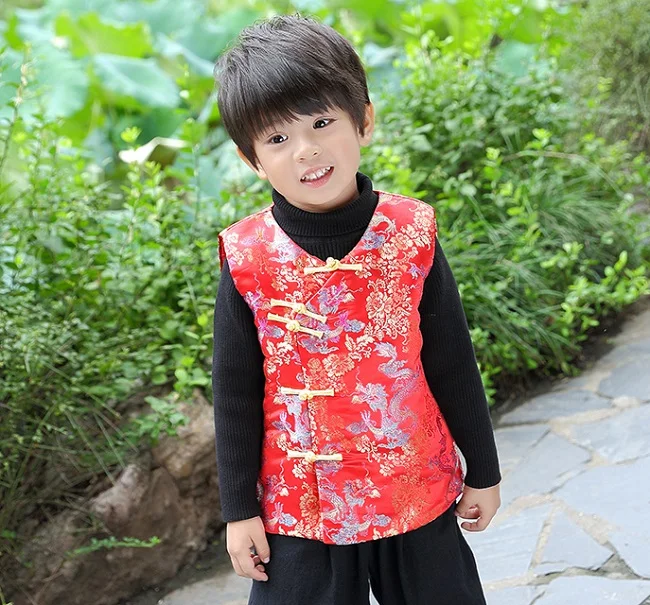 Красный праздничный детский жилет, пальто китайская Новогодняя одежда для маленьких мальчиков зимний толстый детский жилет, верхняя одежда, детский жилет с драконом