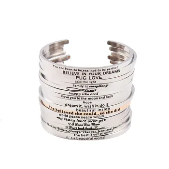 

2017 Wholesale Positive Inspirational Quote Handmade Cuff Mantra Bracelet Stainless Steel Engraved Bangles For Women On ALI