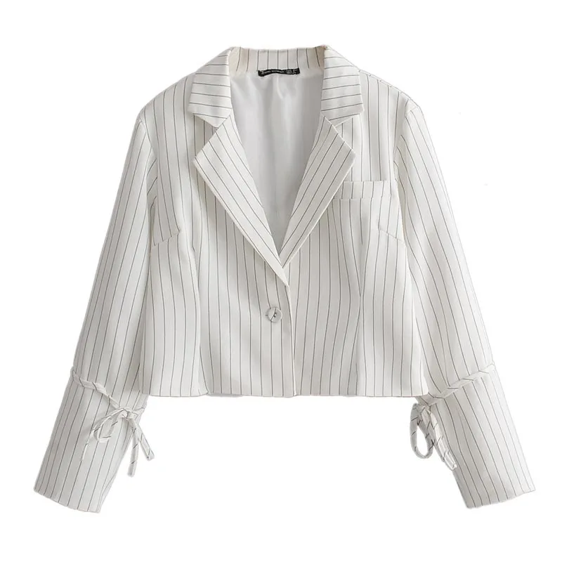 

WT981 Autumn Women White Color Striped Print Notched Neck Bowknot Sleeve Blazer Korean Vogue Short Blazers