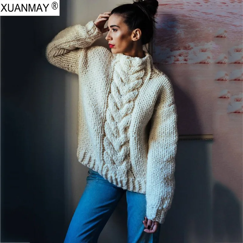 Women's Sweater custom made Hand knit 5XL Large size Creamy-white 2020 New Thick Woman Chunky sweater | Женская одежда