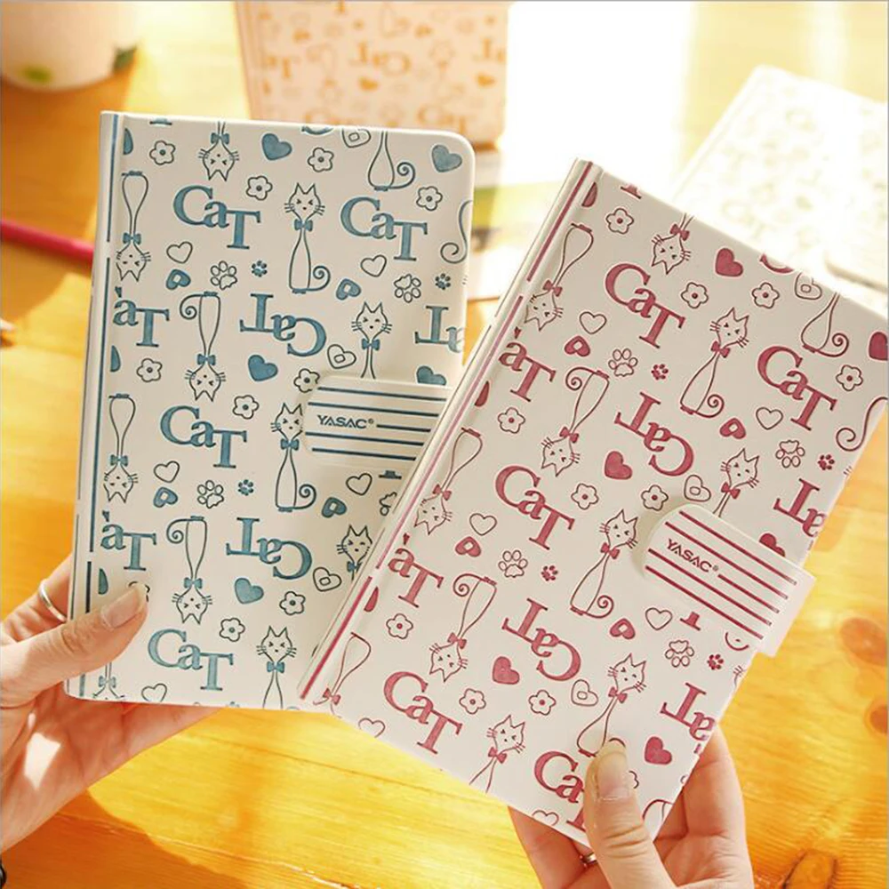 

Cute Cat Hardcover Notebook School Student Daily Diary Multi-functional Line Inner Pages Planner Faux Leather Scheduling Agenda