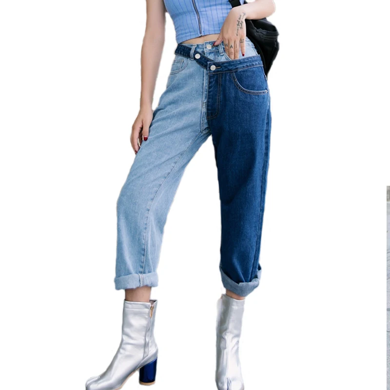 

Spring Fashion Female Jeans Hit Colors Patchwork Trousers Streetwear High Waist Fake Two Piece Woman Jeans Straight Pants