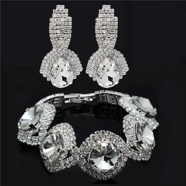 Серебряный цвет свадебные австрийский кристалл браслет серьги Стразы кулон Модные Ювелирные наборы 1112