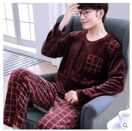 Winter Pajamas Men Thick Coral Fleece Man Pajamas Sets O-Neck Long Sleeve Pyjamas For Men Sleepwear Warm Pajamas Male Homewear - Цвет: Picture color