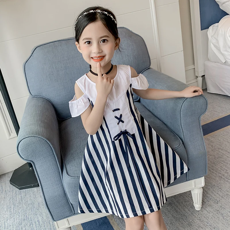 

Off Shoulder Girls Dresses Summer Hot Bow Striped Navy Style Dresses Baby Kids Clothes Casual Outfit 6 8 10 12 Years Vestidos