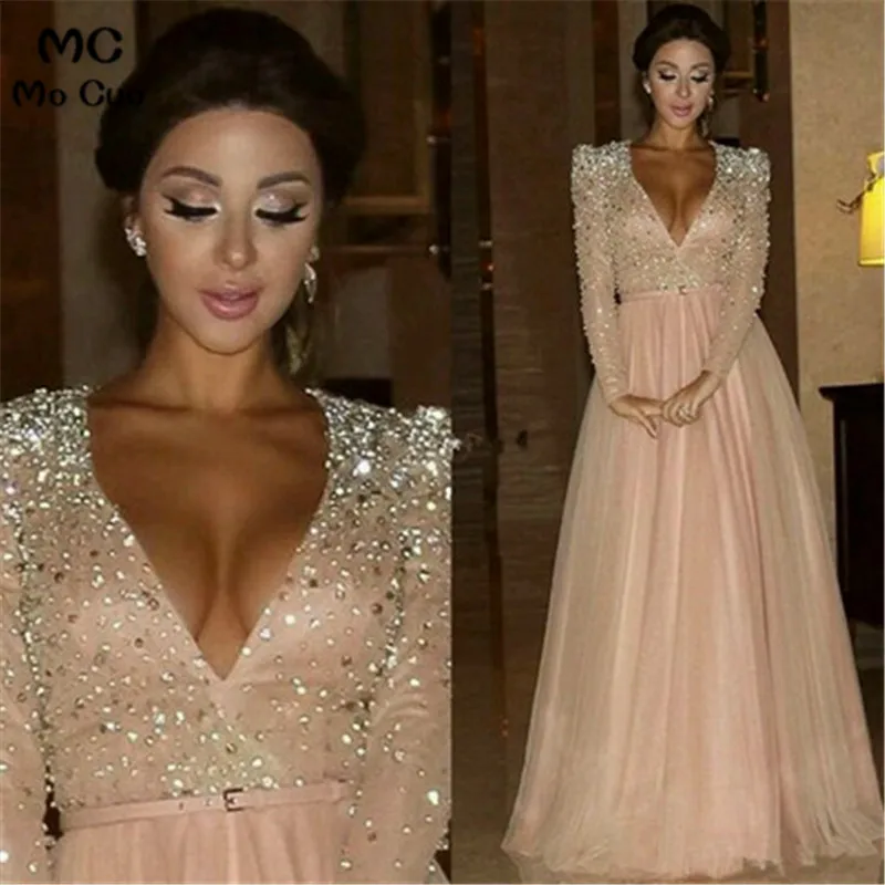 Abendkleider вечернее платье с длинным рукавом robe de soiree, розовые длинные вечерние платья с кристаллами и бисером для женщин