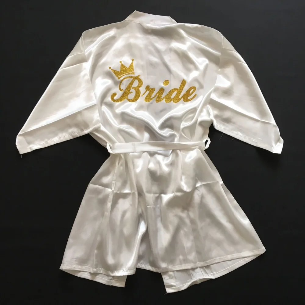 DongKing Bride Crown Robe Golden Glitter Print Kimono Robes Wedding Gift Faux Silk Bachelorette Bride Robes Love Dress 5 Colors