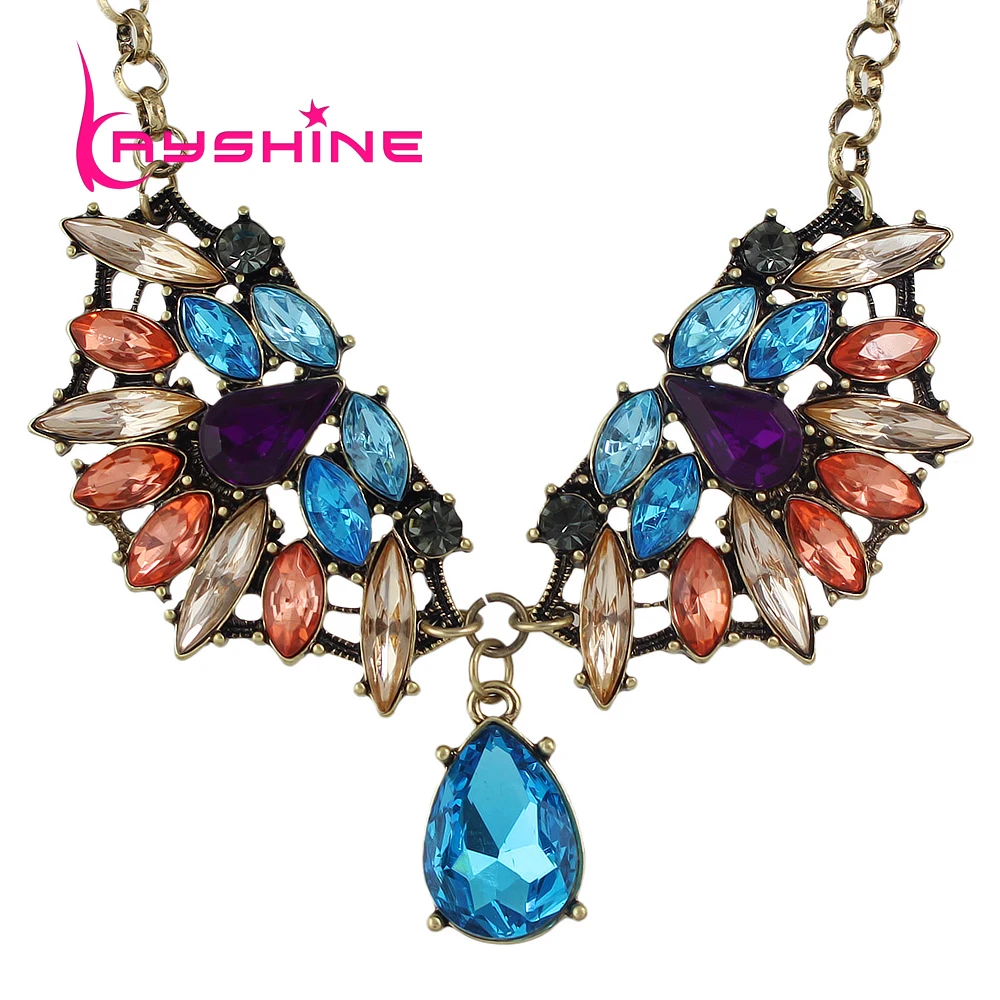 Kayshine New Girly Necklace Antique Gold Color Chain Colorful Crystal