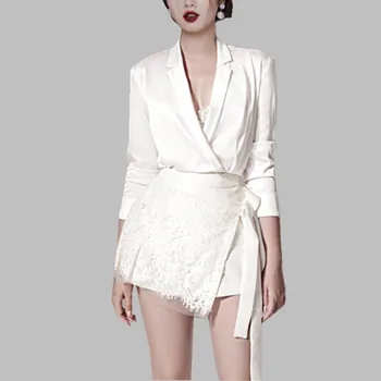 

HAMALIEL Spring Women 2 Piece Set 2019 Runway White Sexy Silk Turn Down Collar Shirt Suits + Tie Bow Lace Mini Party Skirt Suits