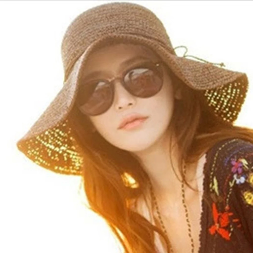 المرأة الأزياء Topee طوي شاطئ كاب الصيف واسعة حافة المضادة للأشعة فوق البنفسجية القش جديلة الشمس تنفس سانكير