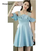 Solid A-line Dress Summer Women Blue Black Short Sleeve Off the Shoulder O-neck Elegant Party Mini Dress Casual Club Dresses off the shoulder mini dress in black