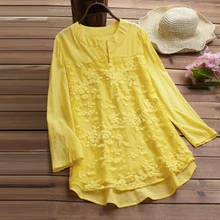 Womens Tops and Blouses Cotton Linen Party Shirt V-Neck Long Sleeve Embroidery Blouse Plus Size Tops Summer Casual Women Tunic