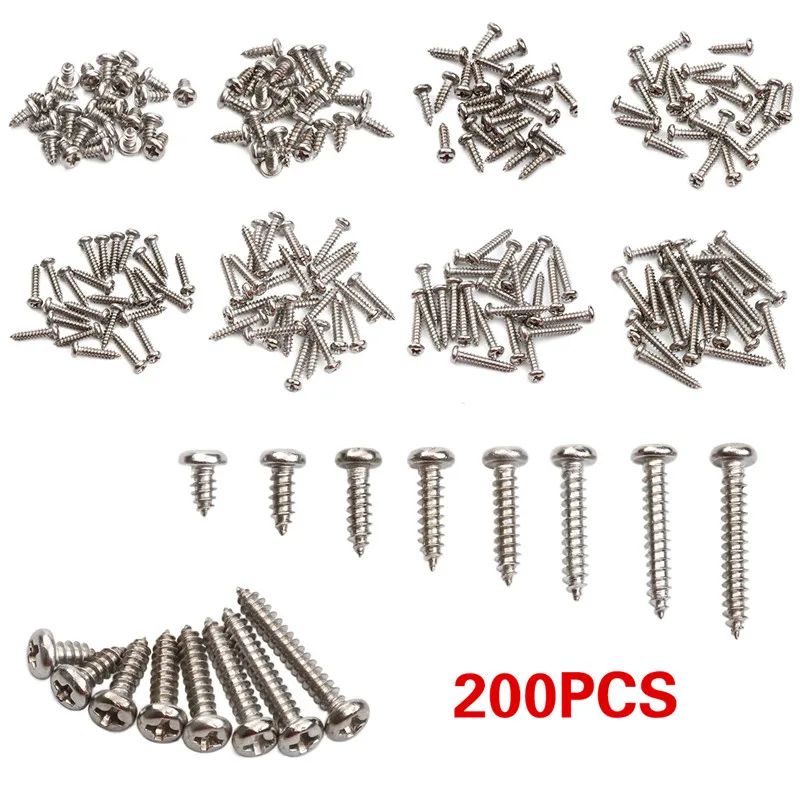 

200pcs Pan Head Self Tapping Screw Round Head Phillips Truss Mushroom Screws Assortment Hardware Fastener Kits