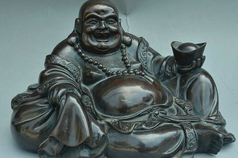 

11" Chinese Buddhism Pure Bronze Happy Laugh Maitreya Buddha Hold YuanBao Statue