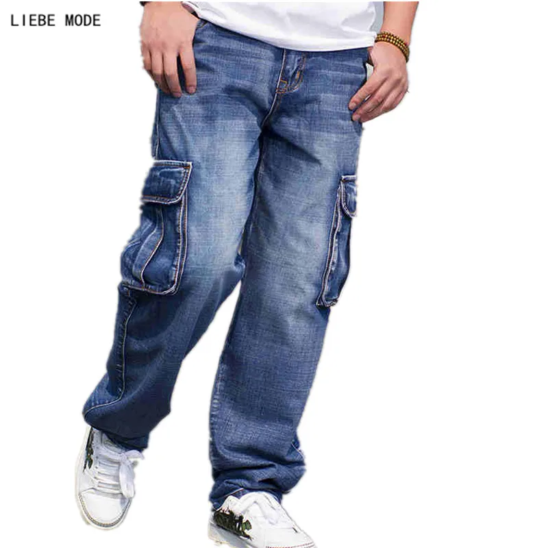 

Brand Japan Style Mens Straight Cargo Pants Denim Biker Jeans Men Baggy Loose Blue Heavy Jeans With Side Pockets Plus Size 40 46