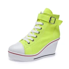 2019 Women Neon Yellow Green Pink Fashion Sneakers High Top Buckle Lace Up Platform Casual Shoes Hidden Wedge Heel Shoes Woman цена 2019 Women Neon Yellow Green Pink Fashion Sneakers High Top Buckle Lace Up Platform Casual Shoes Hidden Wedge Heel Shoes Woman цены онлайн