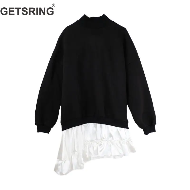 

GETSRING Woman Dresses Irregular Turtleneck Black White Color Matching Fake Two Long Dress Asymmetry Ruffle Casual Dress 2019