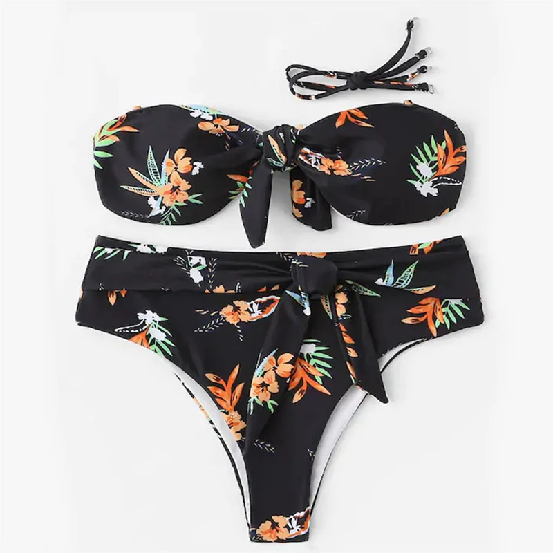 

2019 Bowknot Off Shoulder Bikini Front Floral Print Bandeau Women Bathing Suit Removable Straps Push up Flower Black Swimsuit