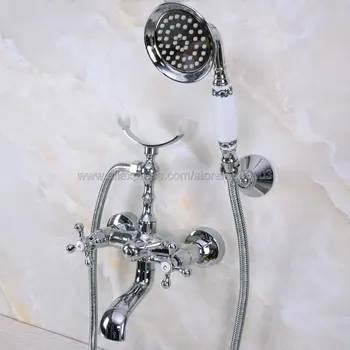 

Chrome Polished Wall Mounted Bathtub Mixer Faucet Double Handle Tub Water Taps With Ceramic Handshower Kna228