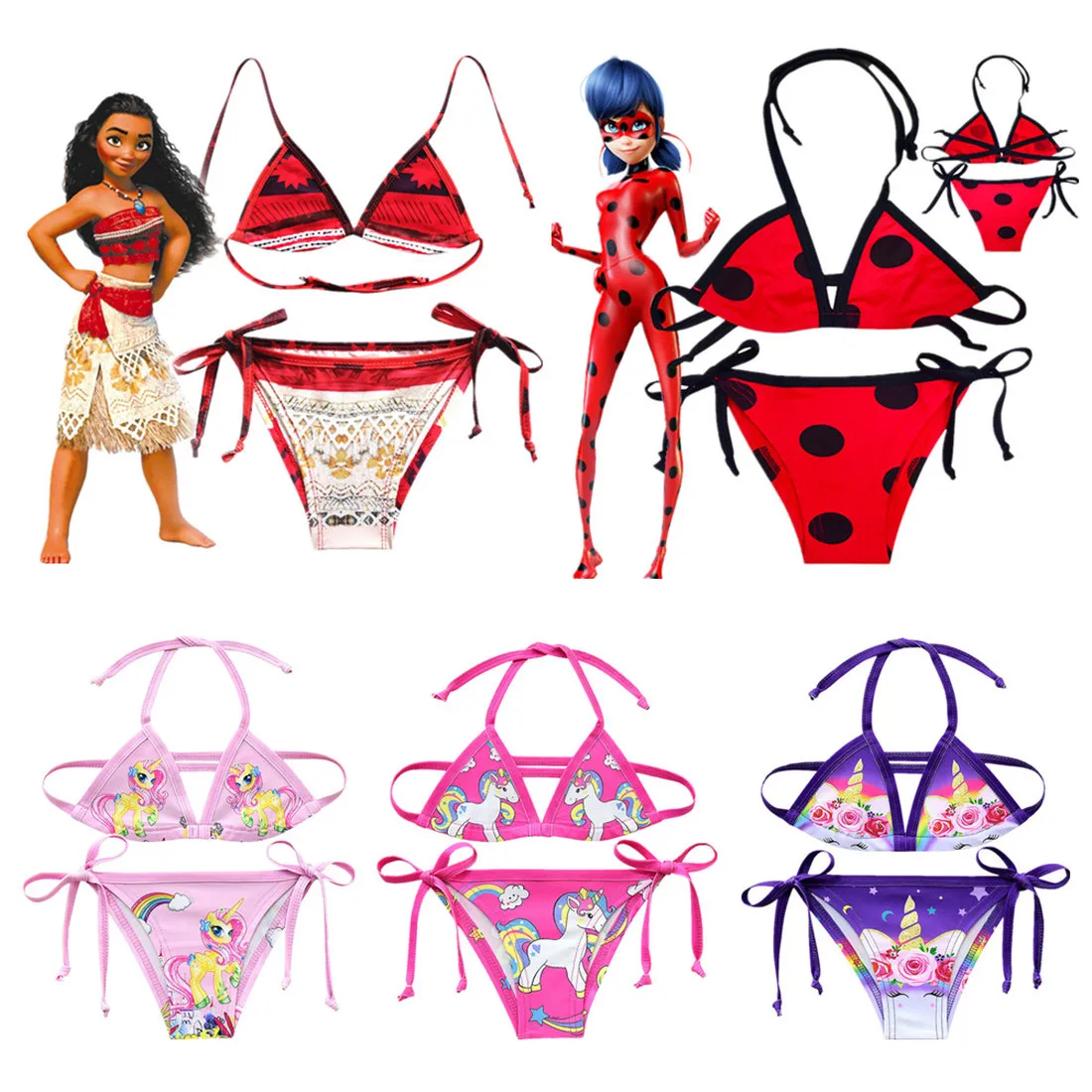 

2019 Girl Swimsuit Two Pieces Princess Moana Children's Swimwear Ladybug Girls Split Bikini Bathing Sets Unicorn Kids Beach Wear