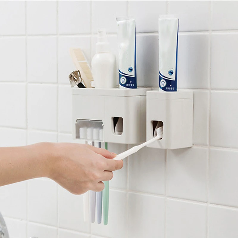 Automatic Toothpaste Squeezer Dispenser Set Wall Mount Toothbrush Rack