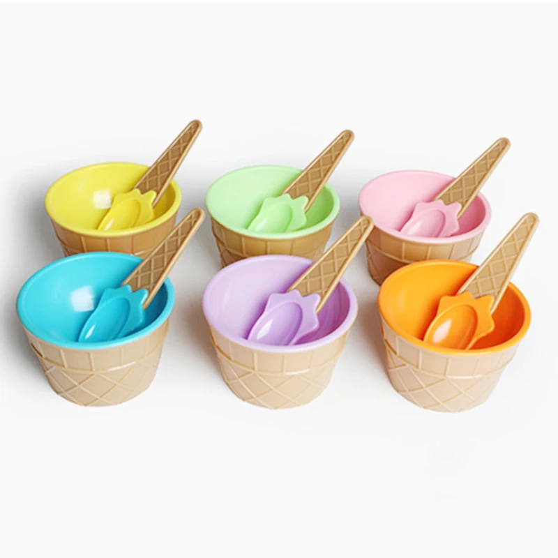 

Cute Ice Cream Set Sweet Colors Great Plastic Ice Cream Bowl with Scoop&Stacks Crispy Cone Outlook Cup Spoon For Children