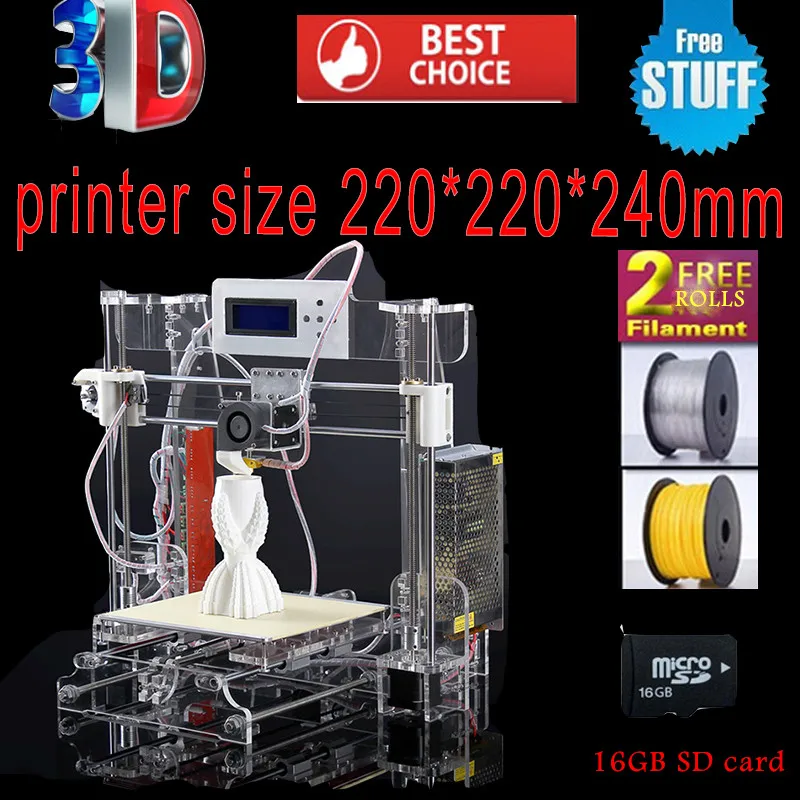 Size220*220*240 High Quality Precision Reprap Prusa i3 DIY 3d Printer kit with 1 Roll Filament 16G SD card imprimante impresora