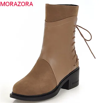 

MORAZORA 2019 hot sale ankle boots for women flock +pu autumn winter boots lace up square heels shoes woman boots