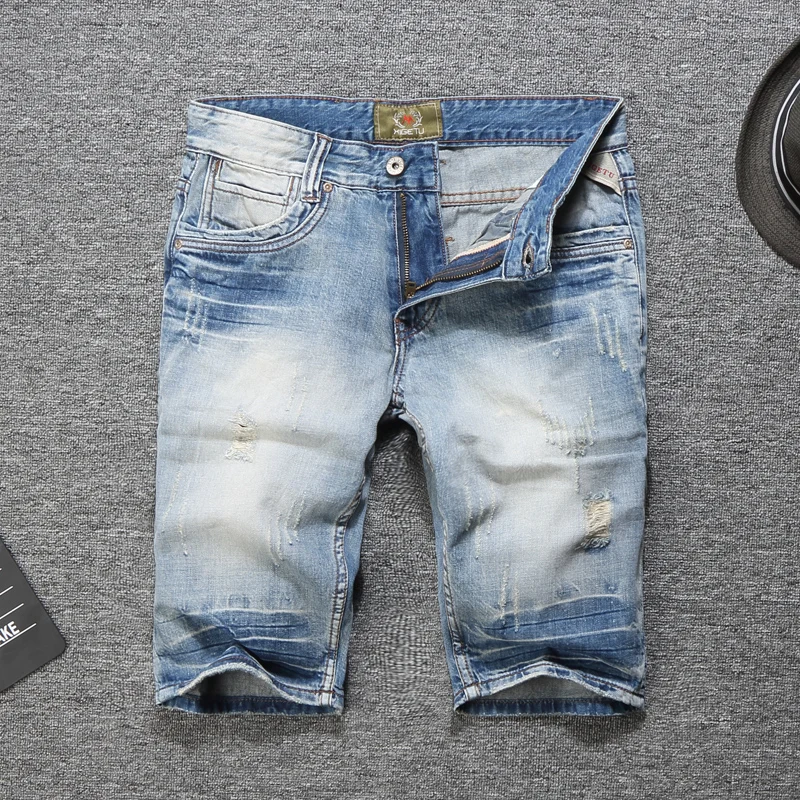 

Summer Streetwear Men Jeans Shorts Light Blue Color White Wash Ripped Jeans Homme Denim Shorts Fashion Hip Hop Short Jeans Men