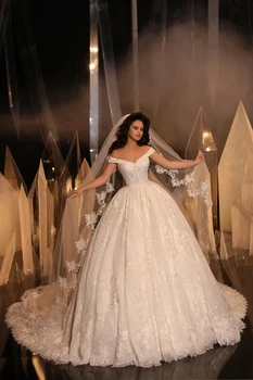 

Vintage Full Lace Off the Shoulder Wedding Gowns Sexy Princess Arabic Corset Chapel Train Muslim Women Bride Dresses With Veil