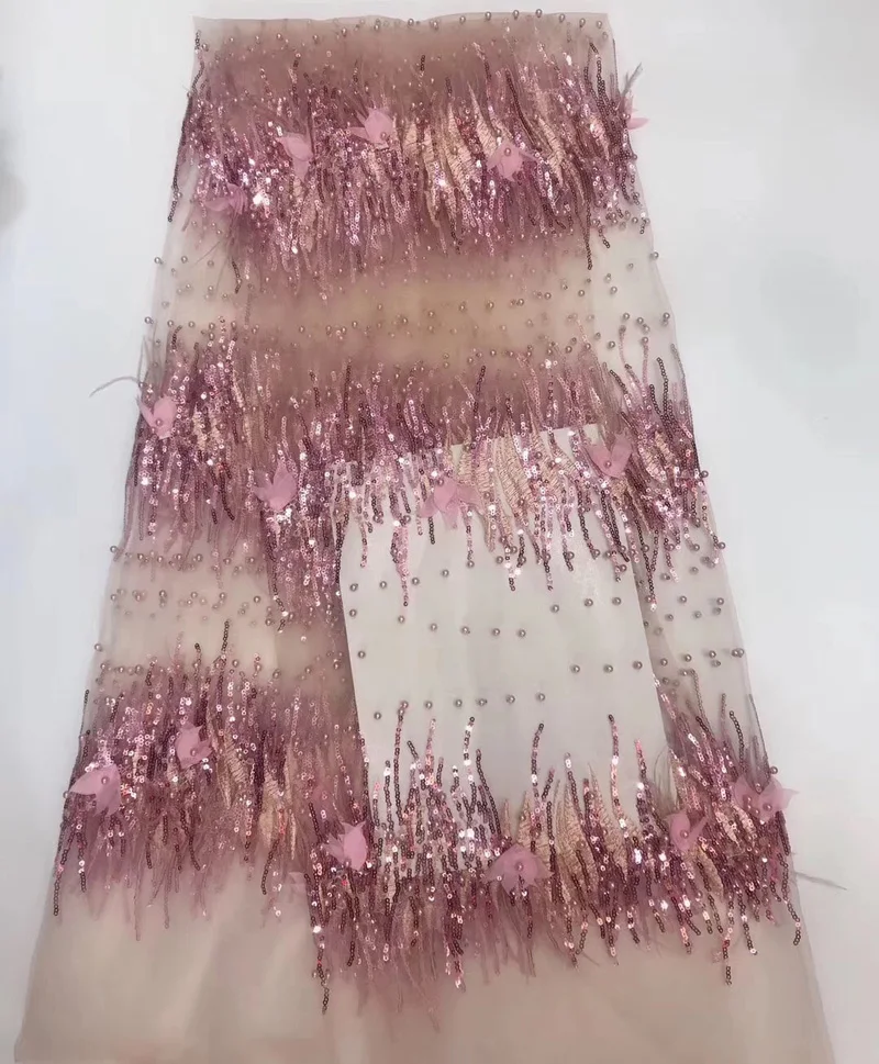 

Free shipping (5yards/pc) high quality French lace fabric African sequins lace with lots of beads and 3d flowers for dress FZA16