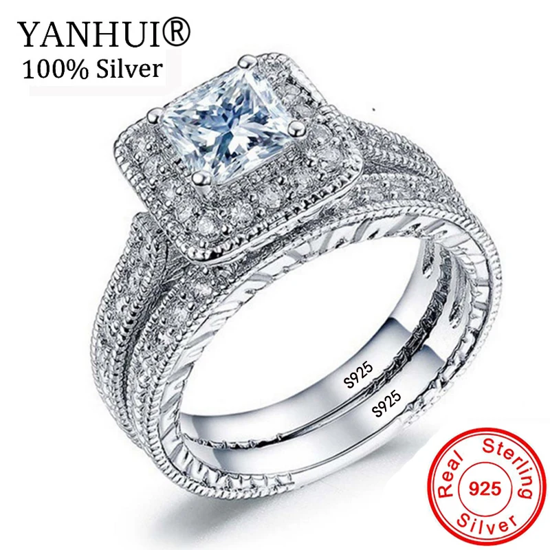 YANHUI Women Cubic CZ Rings Set Luxury 925 Solid Silver Jewelry Wedding Ring Band Promise Engagement Rings For Women ZR293