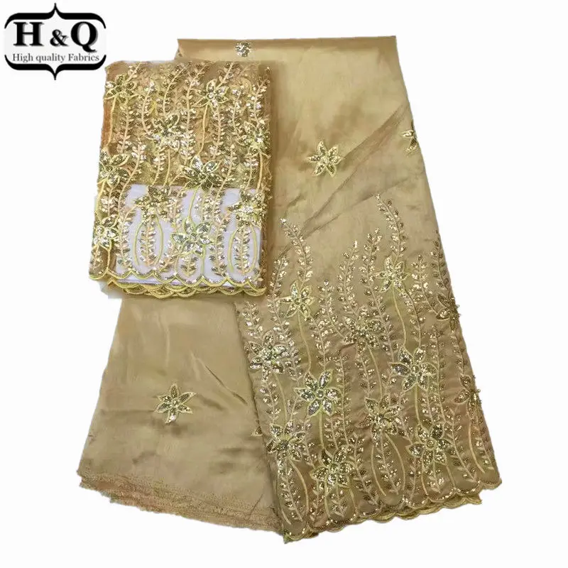 

Hot Sale African George Lace Fabric 5 yards Embroidered With Stones&Sequins + 2 yards French Net tulle lace for Party Dress