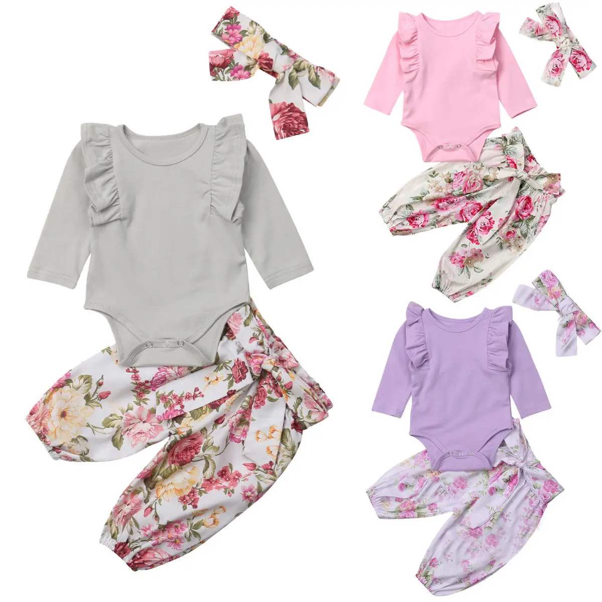 3PCS Set Cute Newborn Baby Girl Fall Clothes Long Sleeve Solid Bodysuit ...