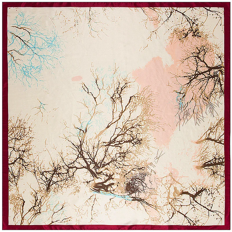 Chinese Style Tree Branches Print Bandana Square Silk Scarf Winter Soft Women Foulard Female Hijab Shawl 90*90cm M250 |
