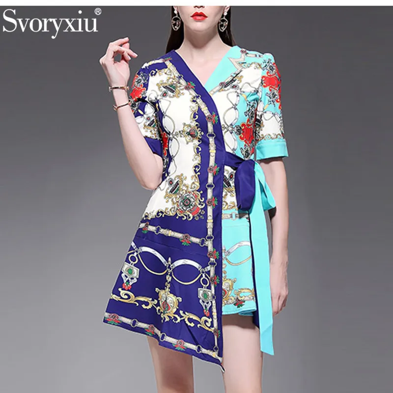 

Svoryxiu Runway Sexy V Neck Summer Dress Women's Half Sleeve Color Matching Print Beach Vacation Asymmetrical Mini Dresses