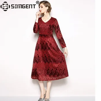 

Simgent Velvet Dress Long Sleeve Woman Winter Autumn Elegant Vintage V-Neck A Line Jacquard Midi Dress Robe Hiver Jurk SG810174