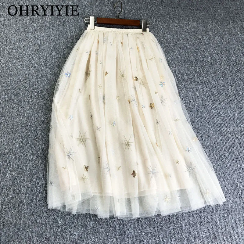 

OHRYIYIE Embroidery Mesh Tulle Skirts Women 2019 New High Waist A-line Skirt Female Long Sun Fluffy Tutu Skirt Jupe Longue Femme