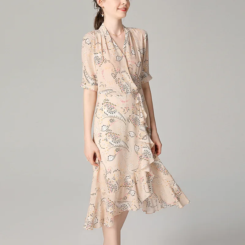 

Summer 100% Silk Dress Elegant Sweet Print Ruffles Midi Warp Dresses Half Sleeve V Neck sukienka Ladies jurk za sukienki letnie