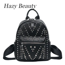 Belleza brumoso Nueva punk mujeres del diseño de cuero de la pu mochila super chic señora bolsa de hombro perno de rock girls simple negro mochilas DH691