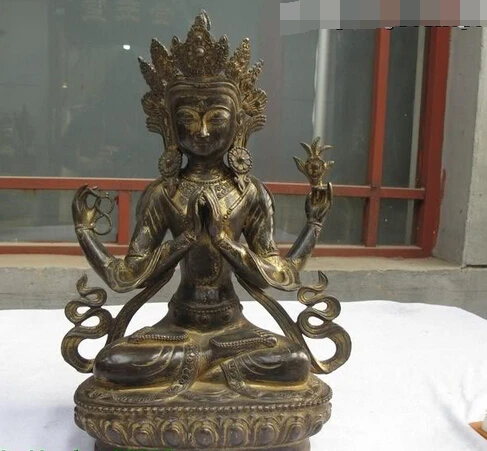 

bi003378 Tibet Buddhism Fane Old Bronze Gild Four-armed Chenrezig kwan-yin Buddha statue