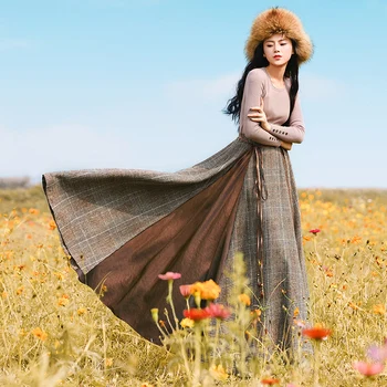 

Winter Women Autumn All-Match Plaid Tassel Woolen Patchwork Long Maxi Skirt Large Pendulum Bust Skirt