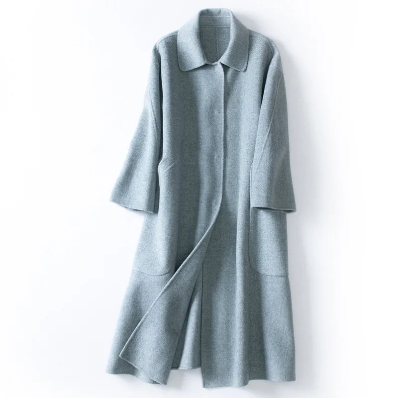 Veste Femmes De orange face Couleur Double Ceinture Longues Longue Acrmrac Solide Manches Manteaux À Mince Manteau Bleu Laine X7Zxd