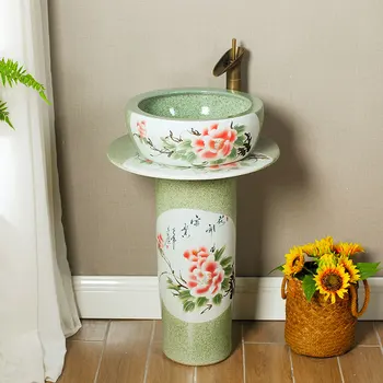 

Integral Pillar Basin Balcony Bathroom Pillar Type Washbasin Ceramic Floor Type Household Vertical Washbasin pedestal basin