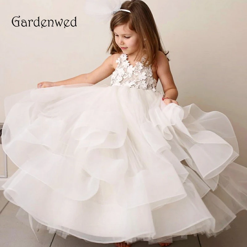 

Gardenwed 2019 Long Ball Gown White Flower Girl Dresses For Weddings First Communion Dresses For Girls Pageant Gowns