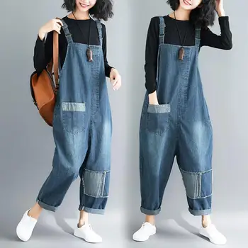 

2019 Big Pockets Wide Leg Denim Overalls Women Baggy Suspenders bib Cowboy pants plus size Rompers casual jean Jumpsuits w693