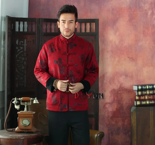 New Arrival Red Chinese Traditional Men's Mandarin Collar Jacket Long